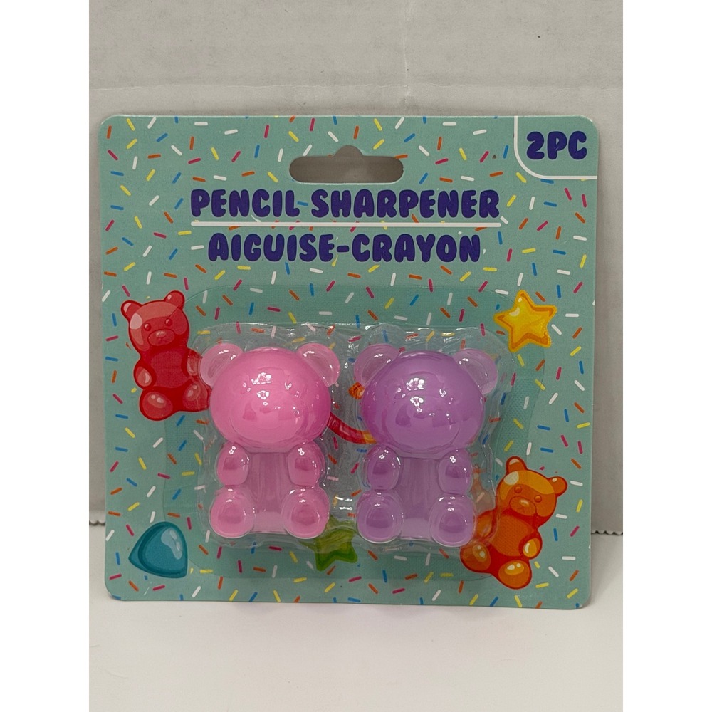 Gummy Bear Pencil Sharpener 2pc Set Pink Purple Translucent Desk Accessories